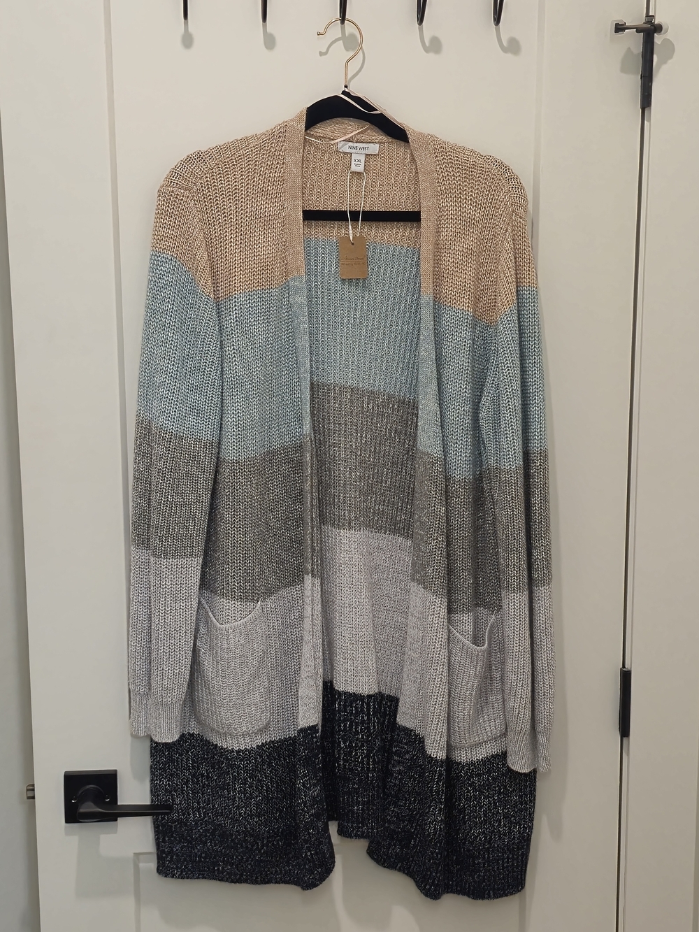 Nine West Striped Open-Front Long Knit Cardigan